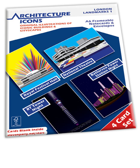 London Landmarks - 4  Card Set £11.99 Includes Royal Festival Hall, National Theatre London, BT Tower Night, Battersea Power Station Night, Cards